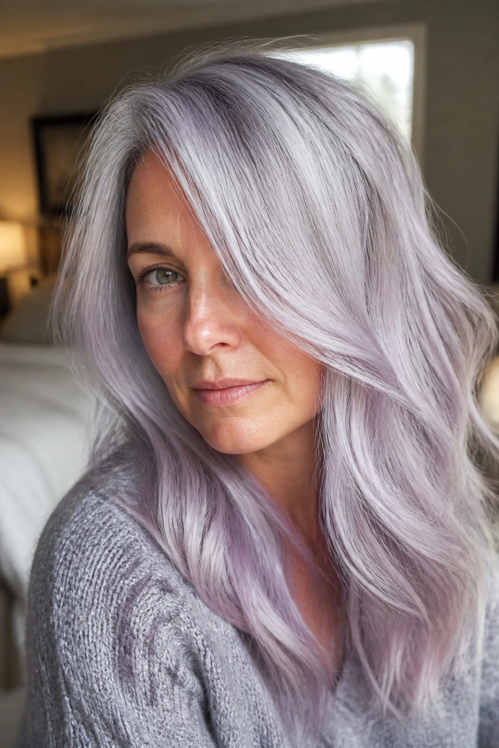 Close-up portrait of a real person with lavender-iced silver hair on cool skin, natural window light.