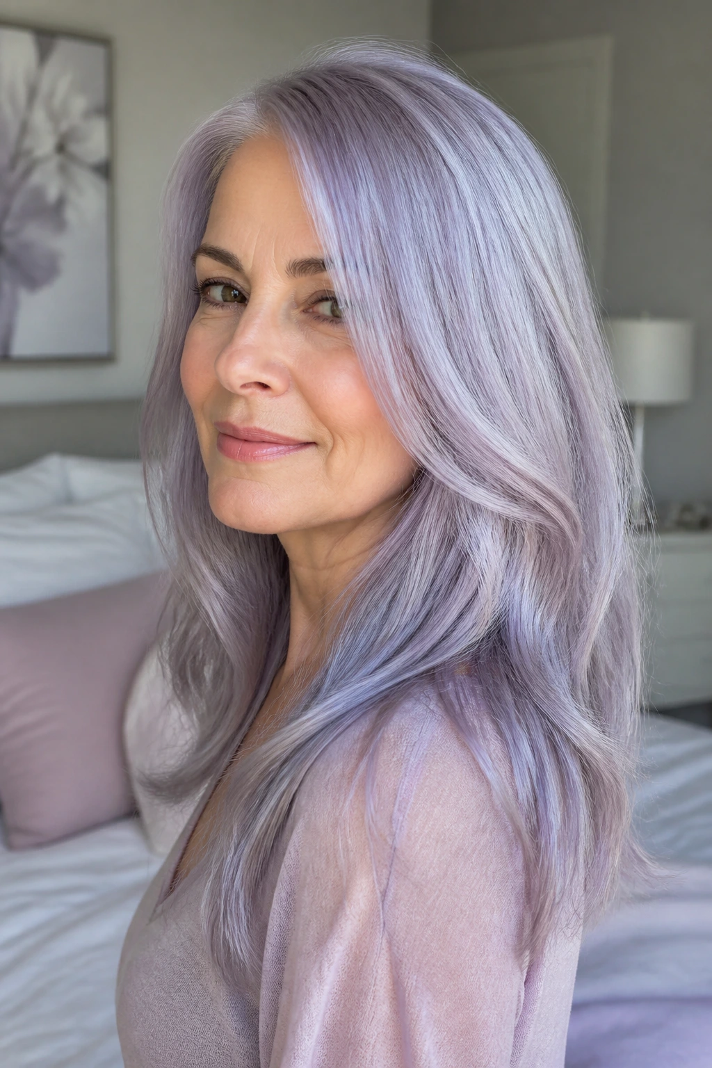 Close-up of a real person with lavender-silver hair and subtle shimmer