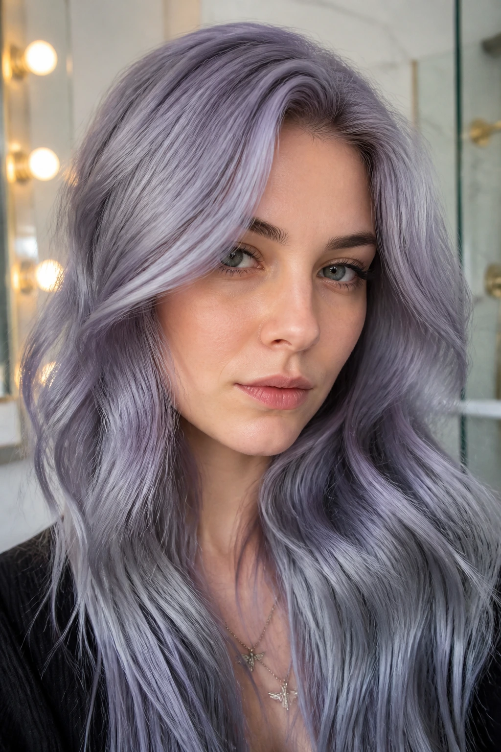 Close-up of a woman's hair in lavender and slate gray with metallic sheen