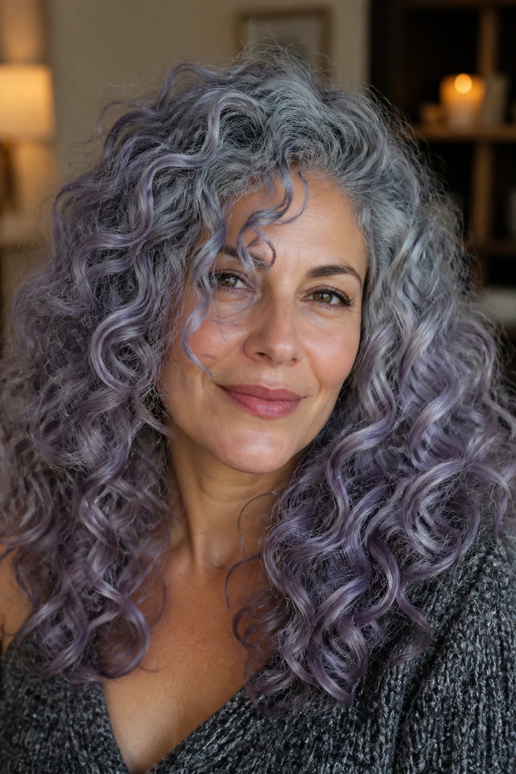 Close-up of lavender smoke curls with grey base on real person.