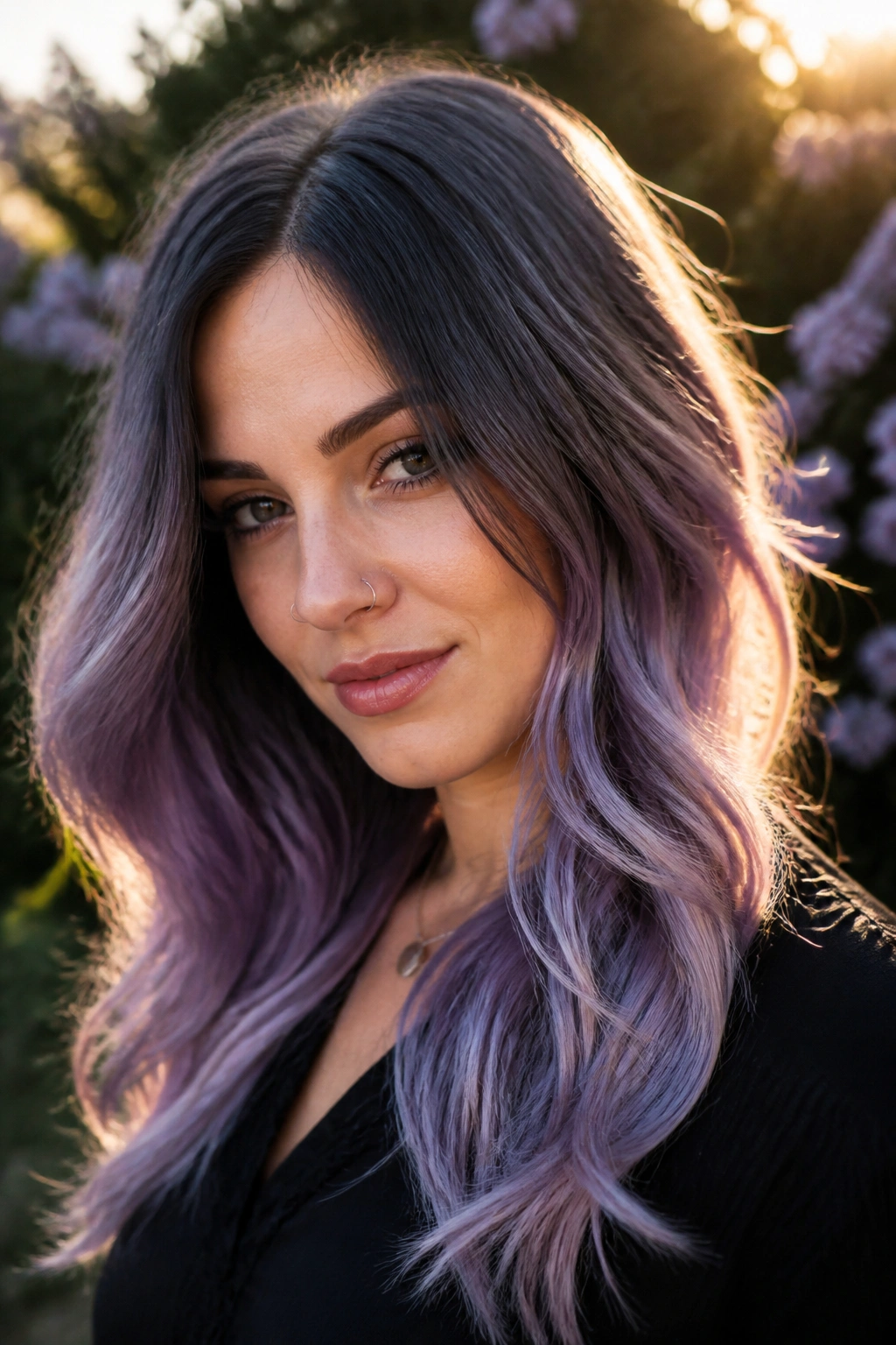 Close-up of real person with lavender-smoke ombré hair from root to ends.
