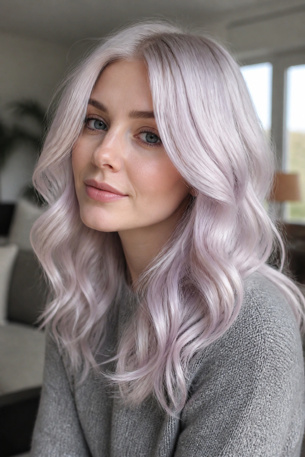 Woman with lavender tinted platinum waves, soft lavender hue visible in the hair under natural light