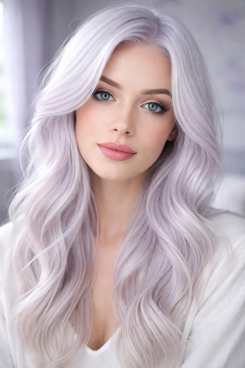 Close-up of a real person with lavender-tinted white hair.