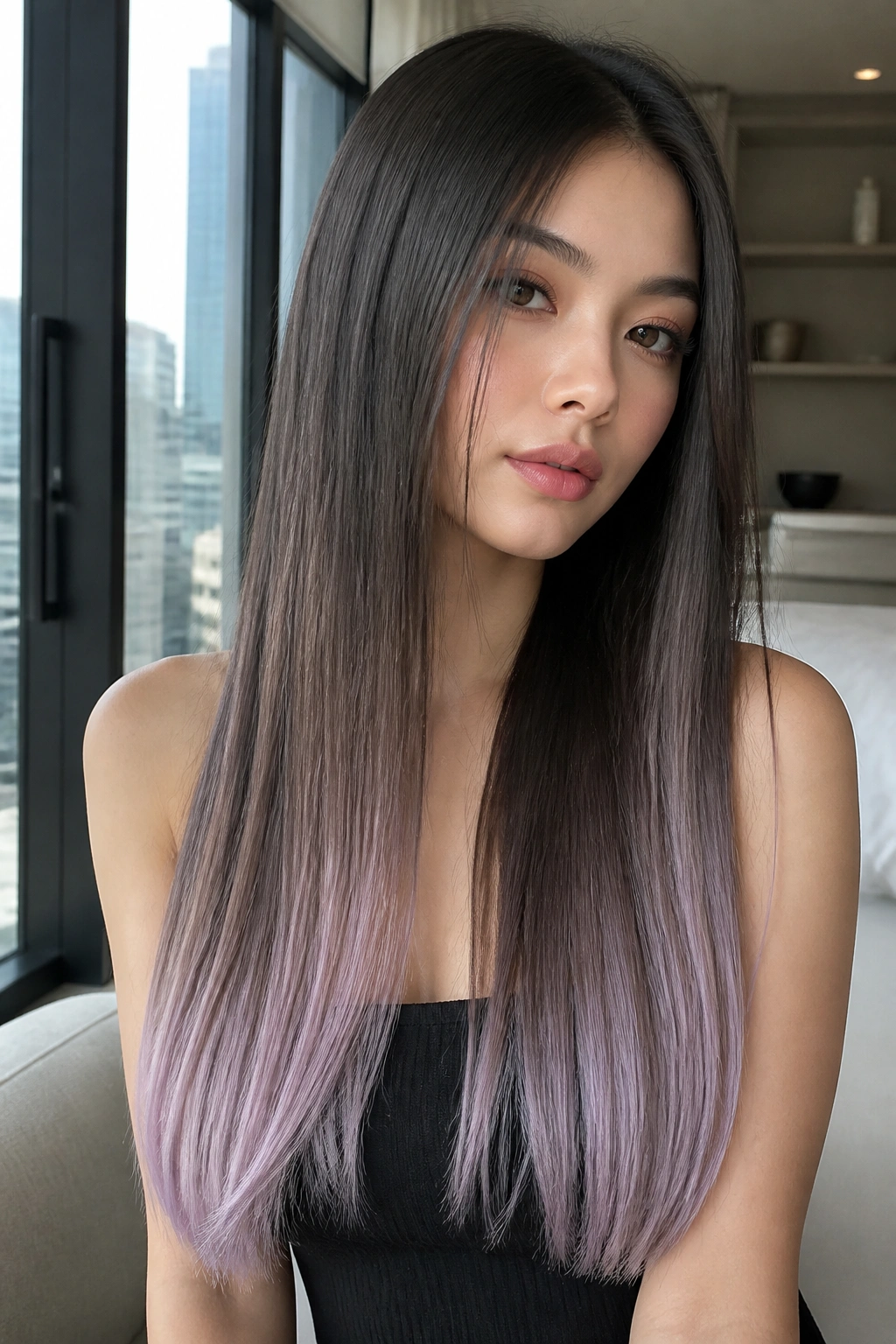 Close-up of a real woman with sheer lavender tips on straight, glossy hair.