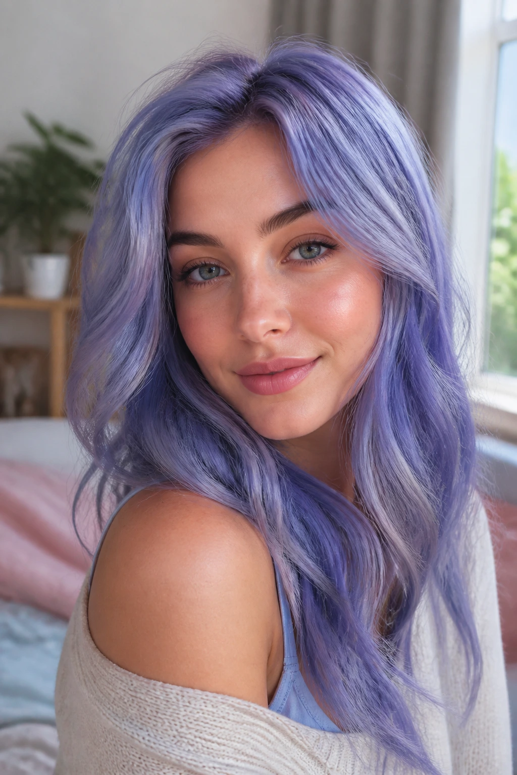 Close-up of a real person with lavender-blue hybrid hair framing the face