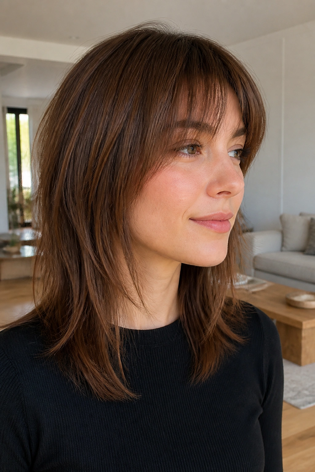 Medium close-up of a real woman with layer-light shag on straight fine hair