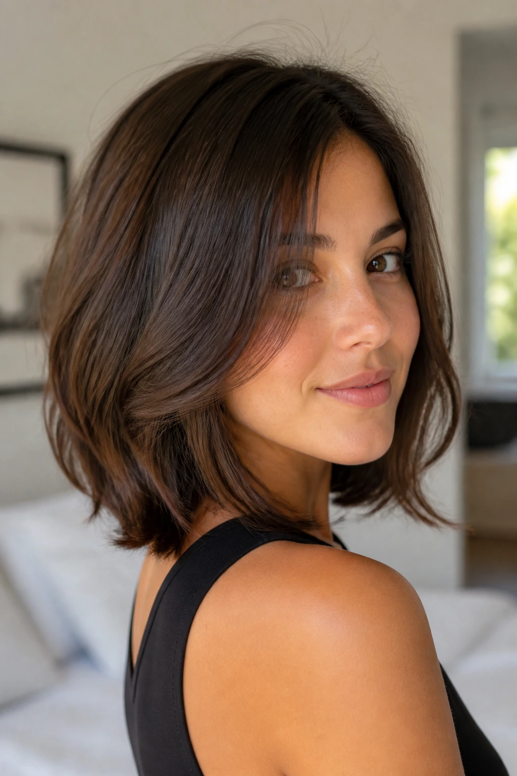 Close-up portrait of a real woman with layered A-line lob and soft bend at the ends.