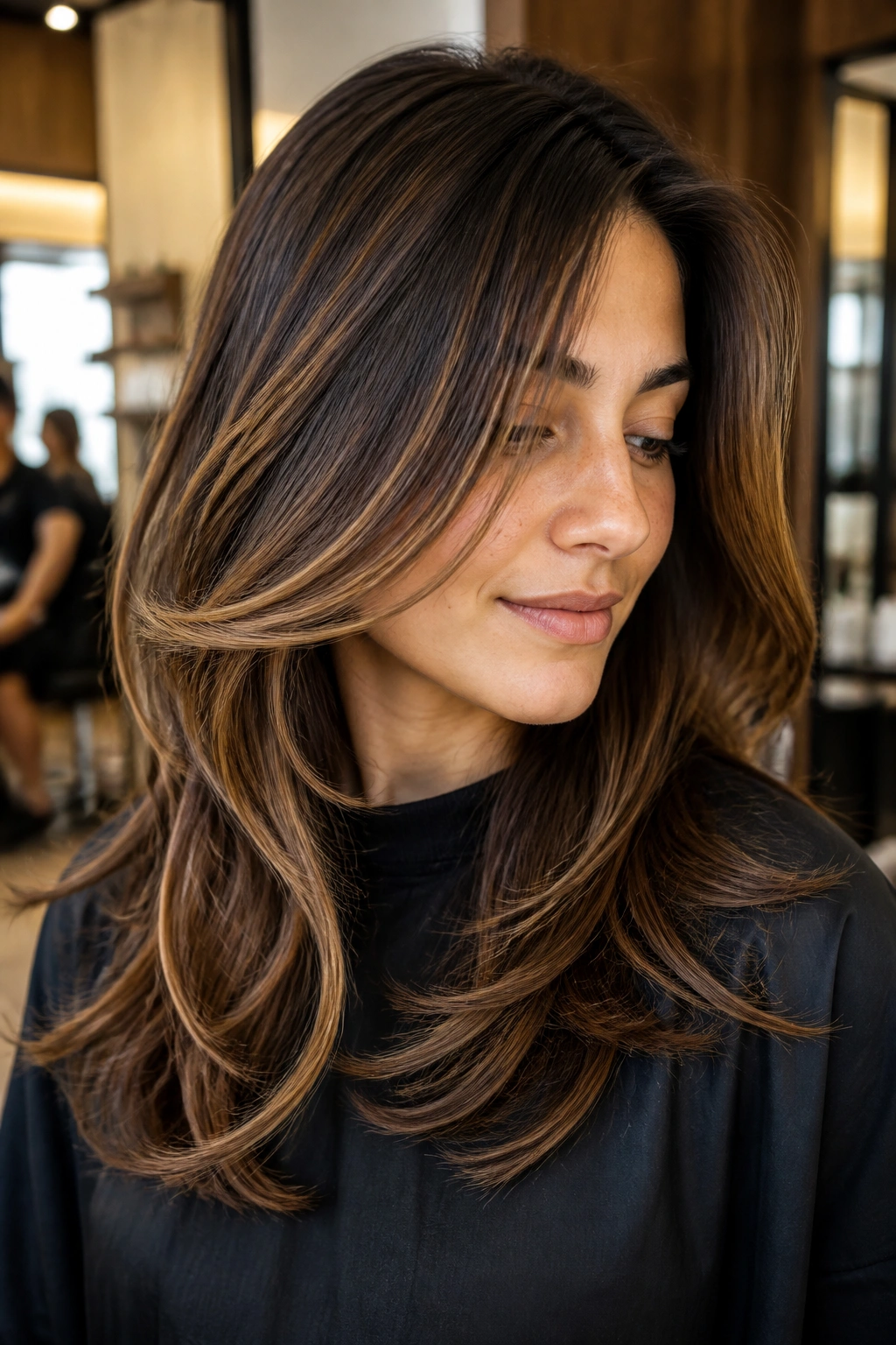 Close-up of layered brunette hair with sweeping caramel panels framing the face in a warm salon.