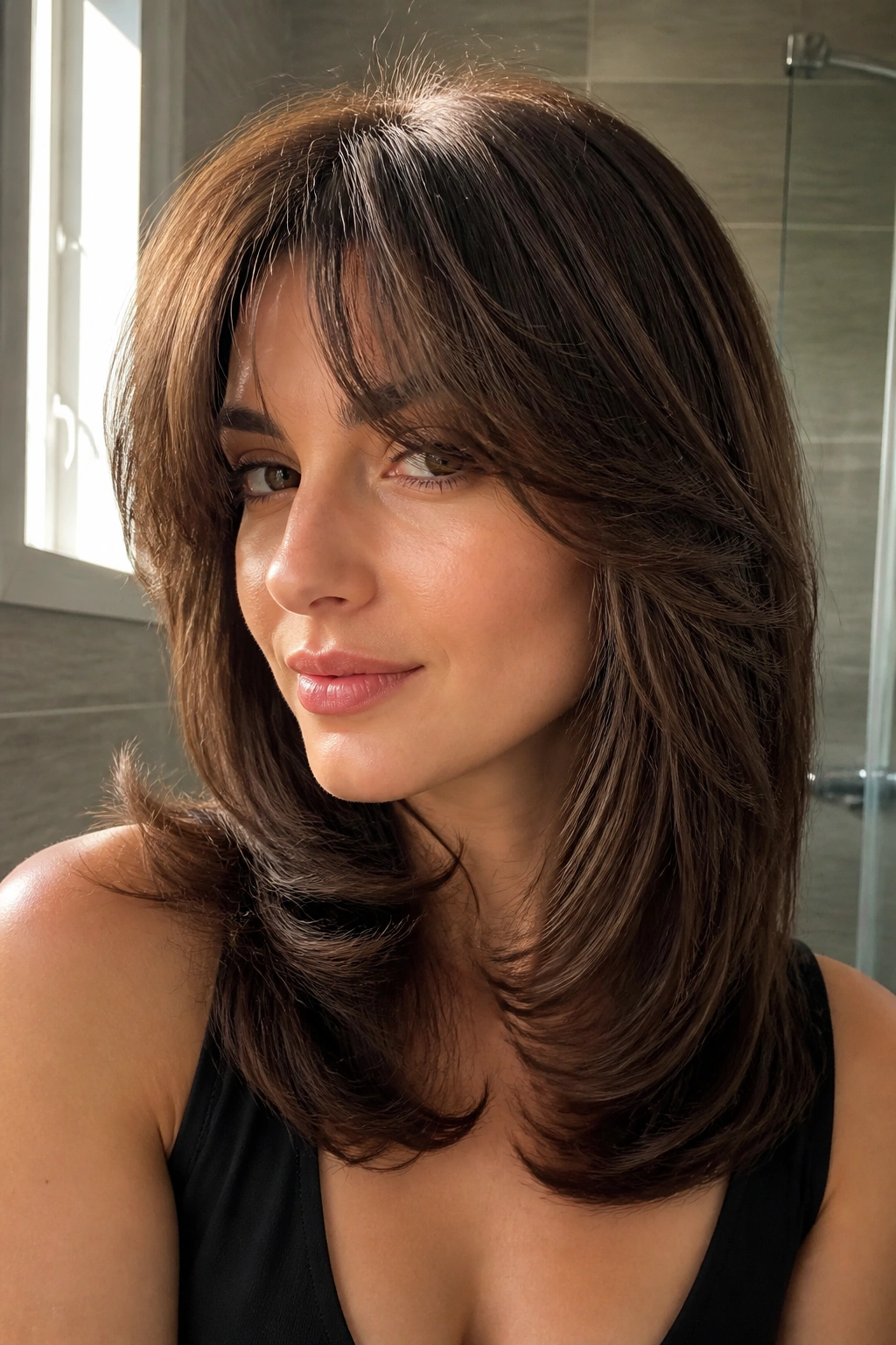 Close-up of a real woman with layered blowout bangs and movement