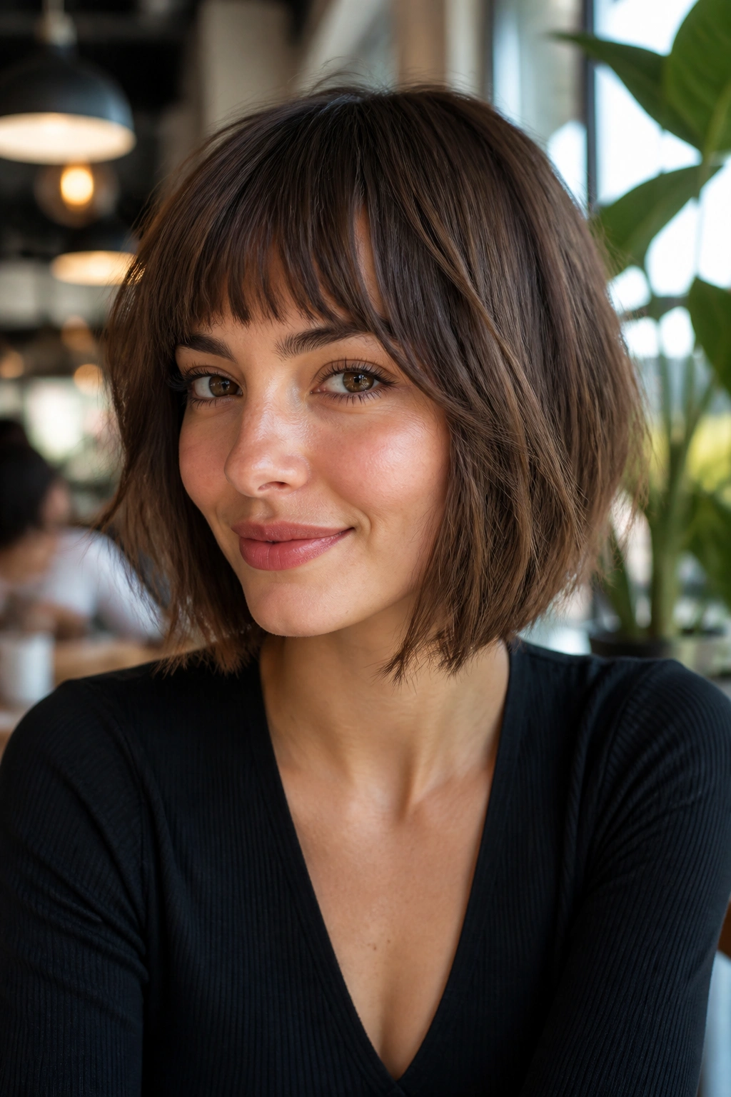 Medium close-up of a real woman with layered bangs blending into a bob in a cafe.