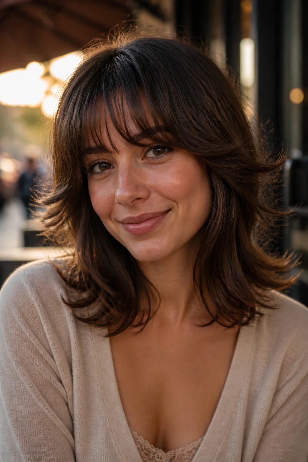 Portrait of a real woman with layered bangs flipped ends in an urban cafe