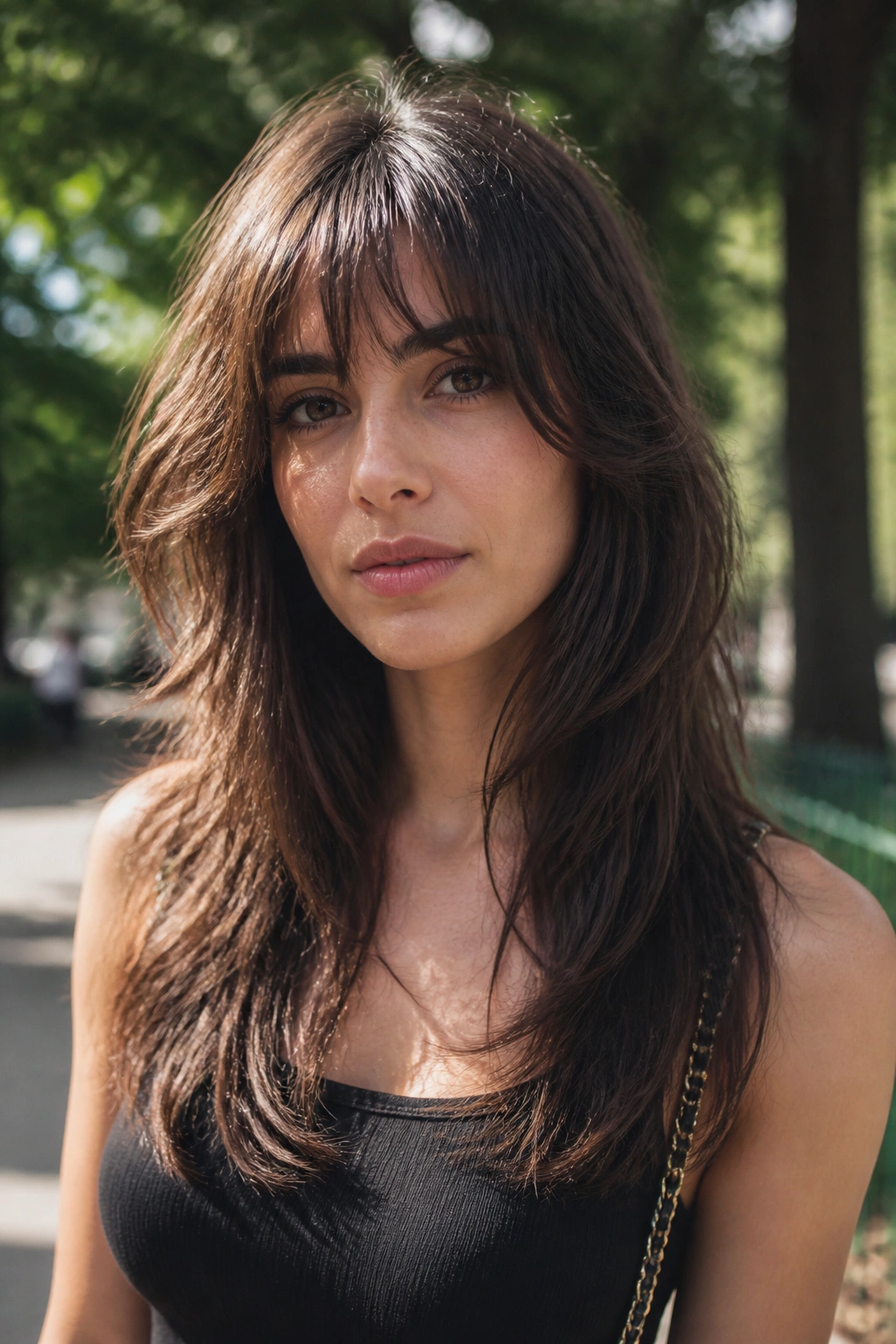 Portrait of a real person with layered bangs and long shag outdoors in a park.