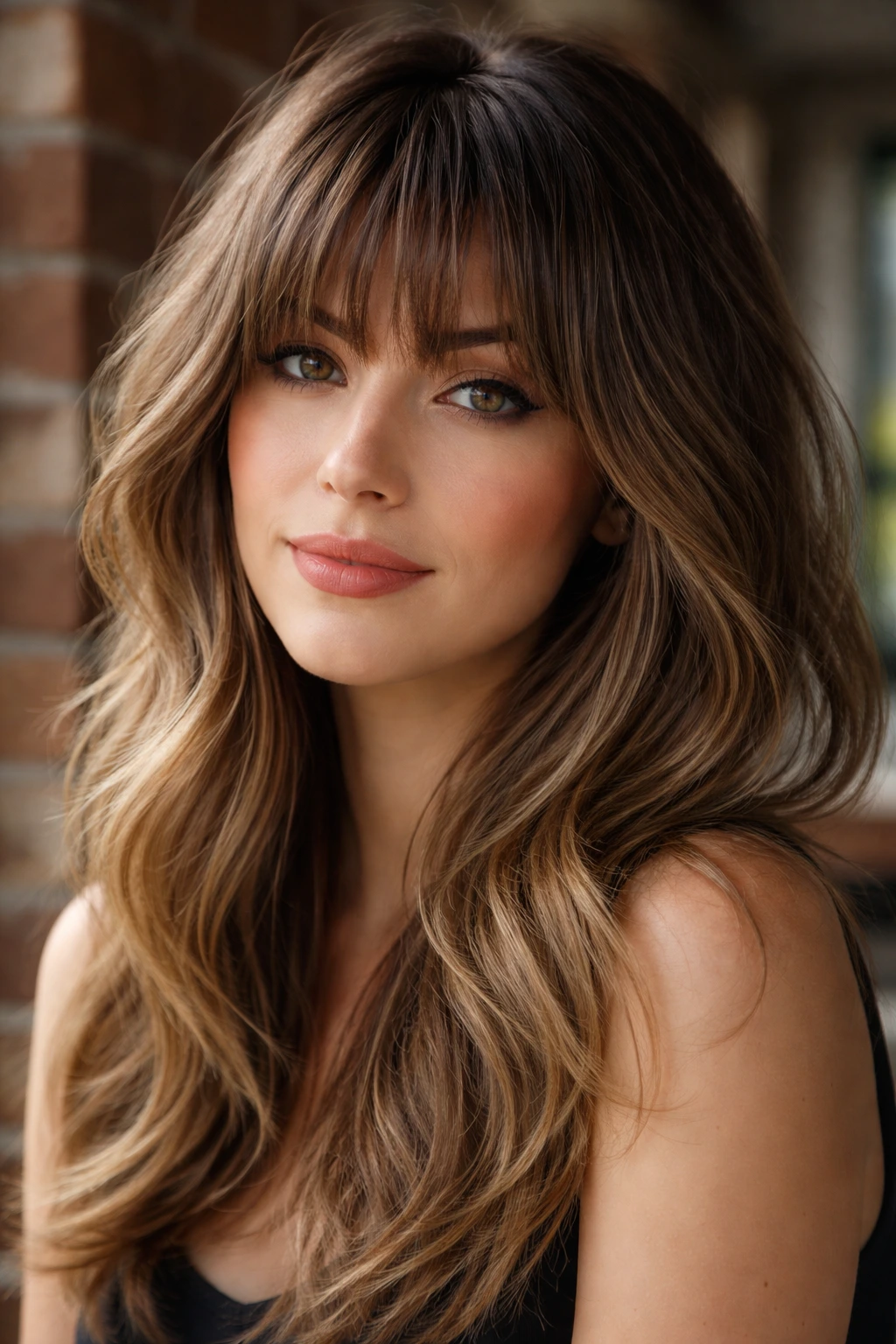 Close-up portrait of a real woman with layered textured bangs against a brick-wall background