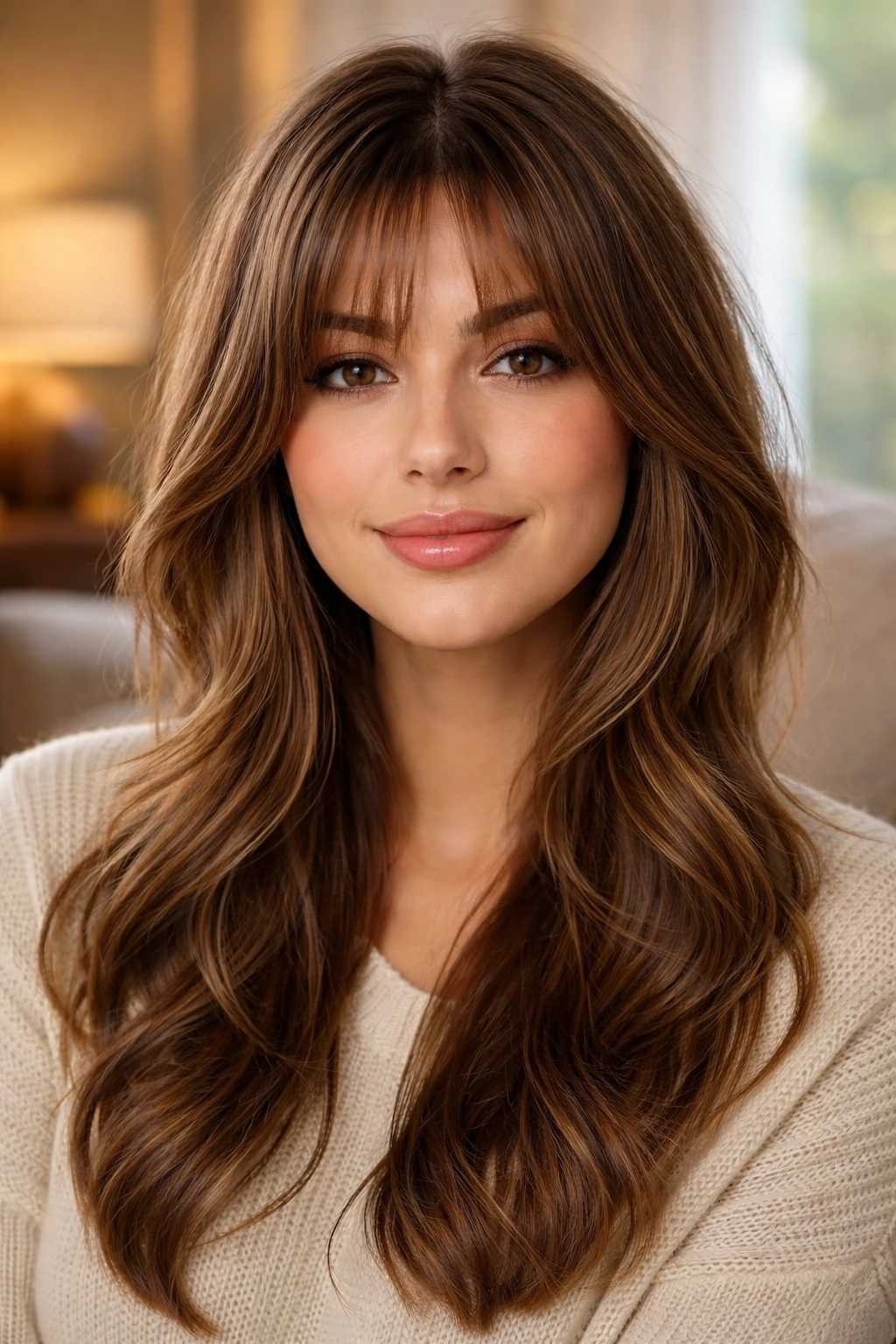 Real woman wearing face-framing layered bangs in a warm living room setting.