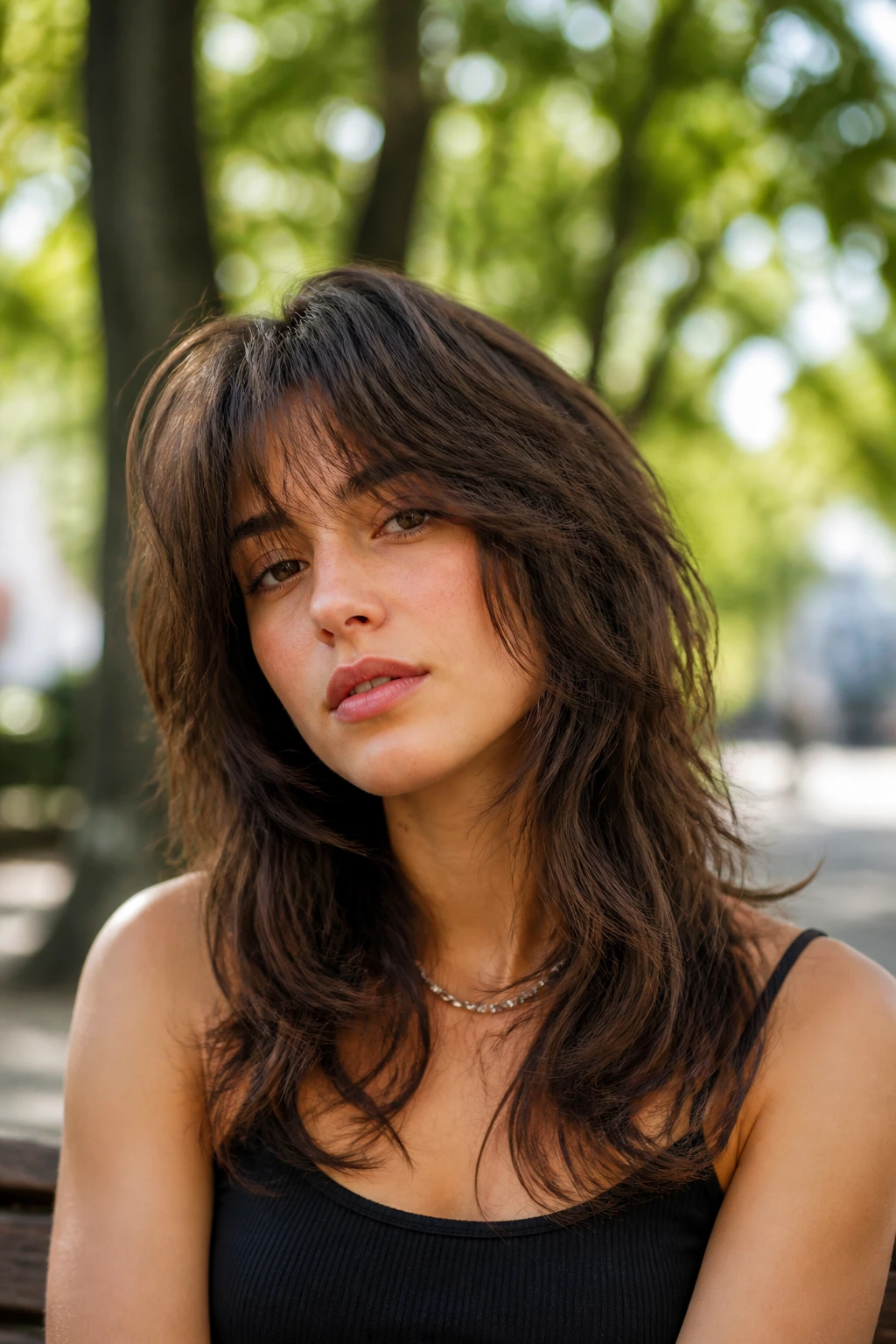 Close-up of a real woman with layered bangs blending into a wolf cut.