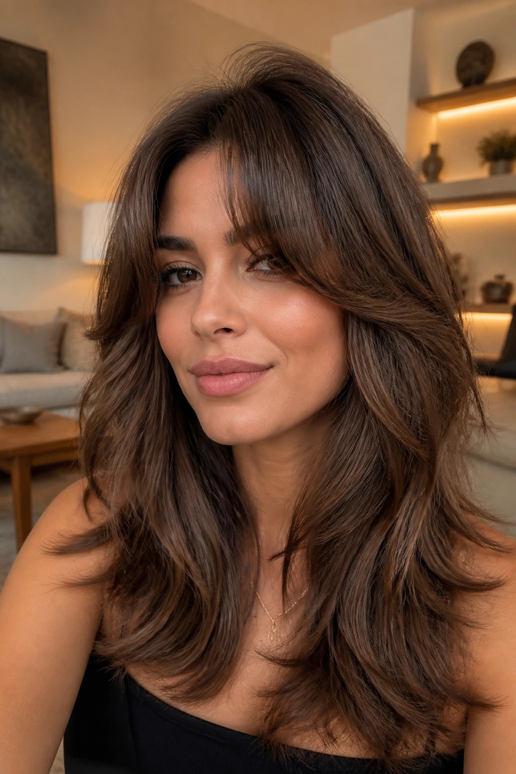 Close-up portrait of a real woman with layered Bardot bangs, center-parted and voluminous