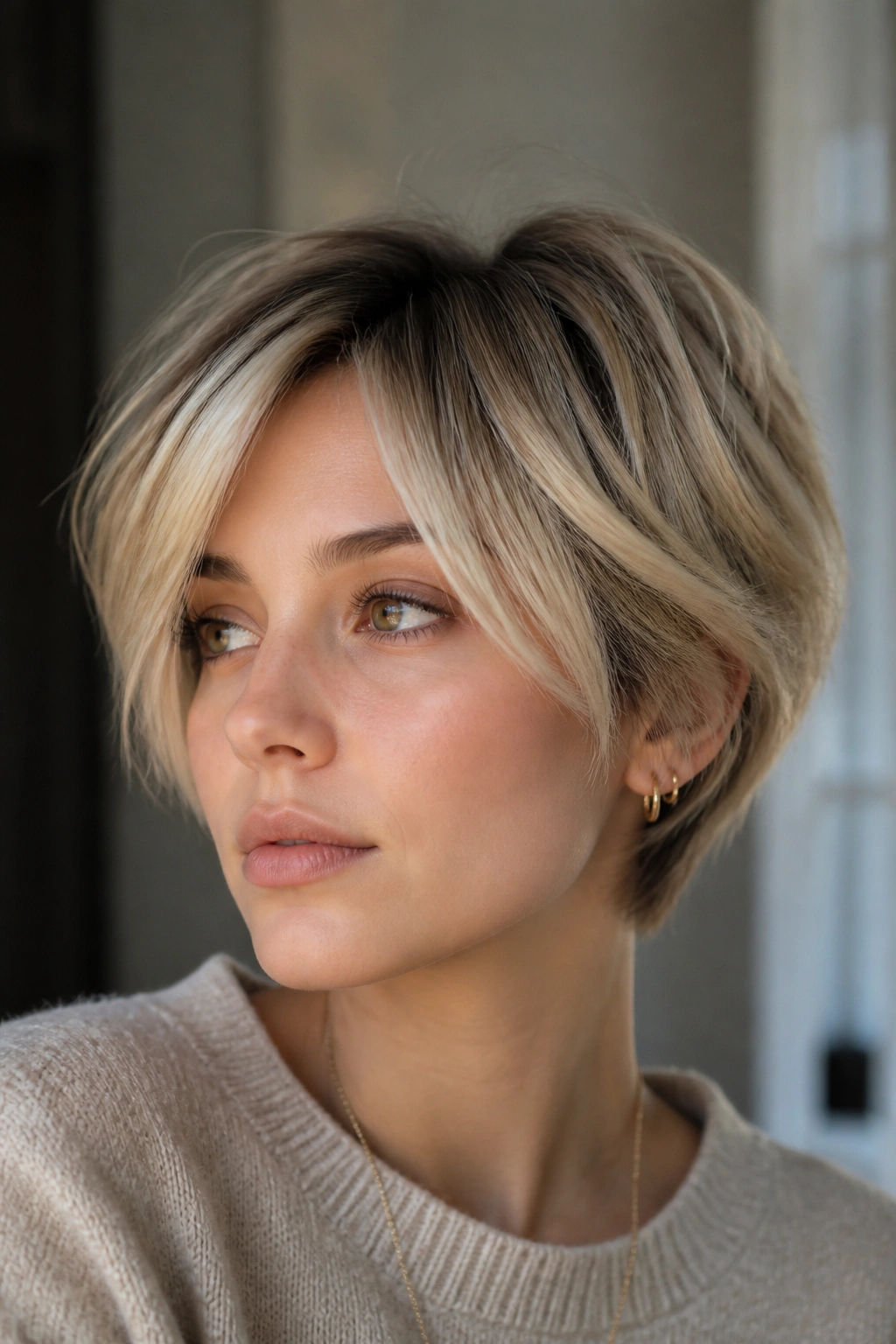 Real person with layered bixie haircut in blonde with shadow roots