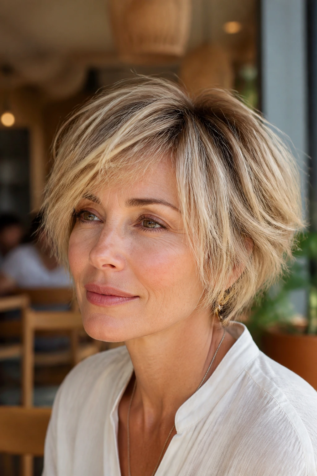 Real woman with layered bixie cut showing mid cheekbone length and airy layers