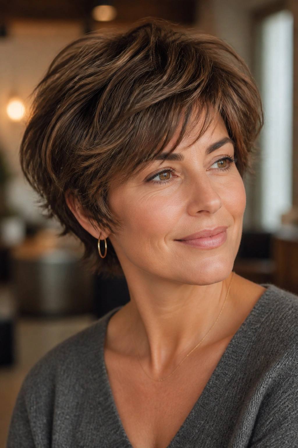 Close-up portrait of a real woman with layered bixie haircut on thick hair, soft ear framing in warm salon light.