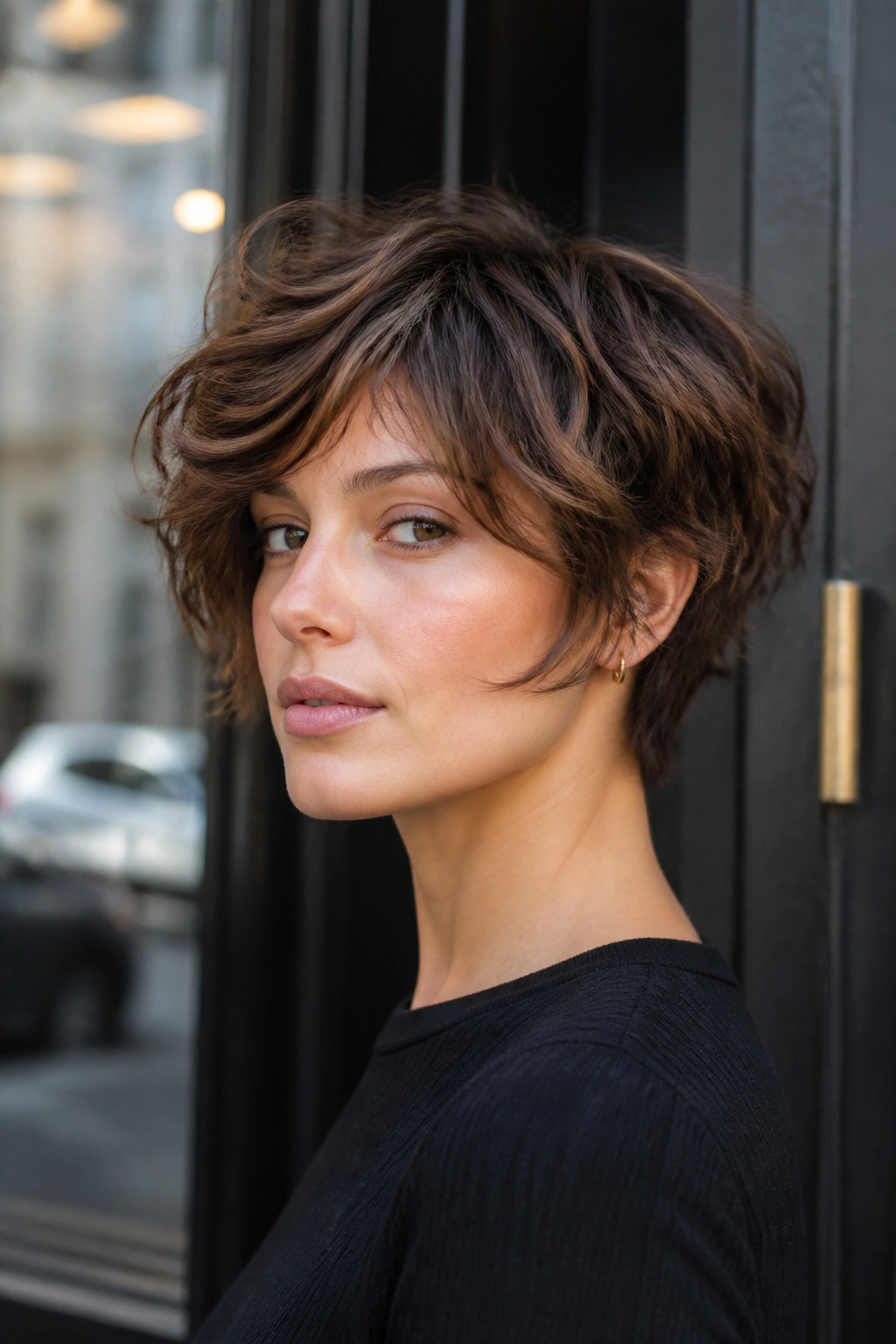 Real woman with layered bixie hairstyle in urban outdoor setting