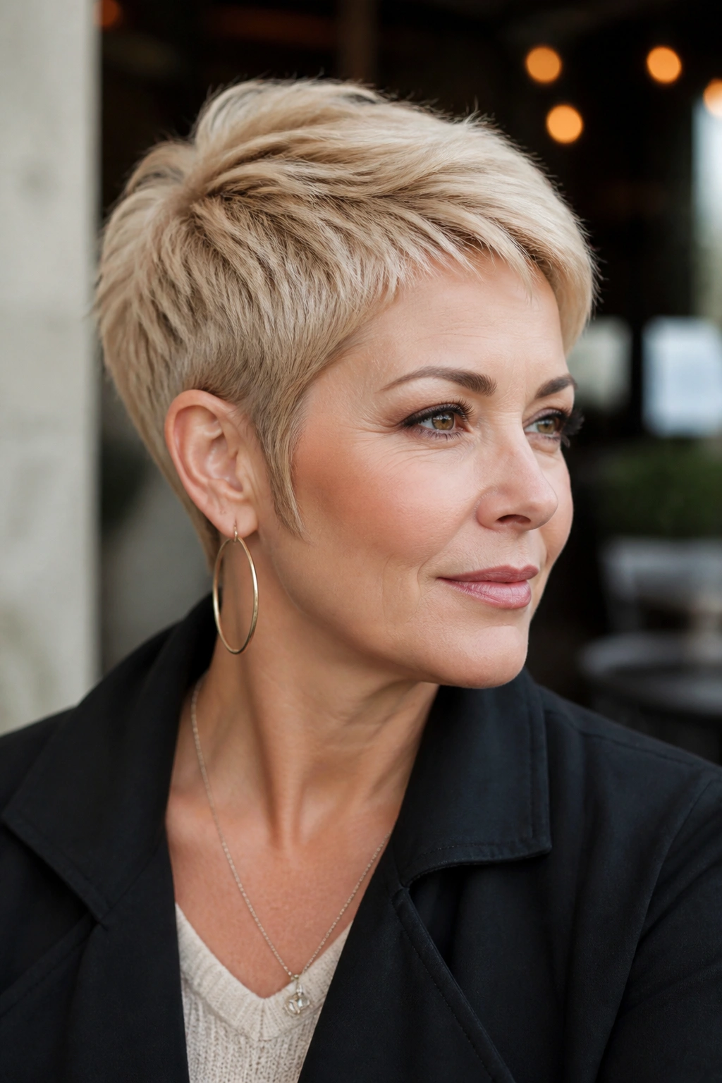 Close-up portrait of a real woman with layered blonde pixie and sideburns.
