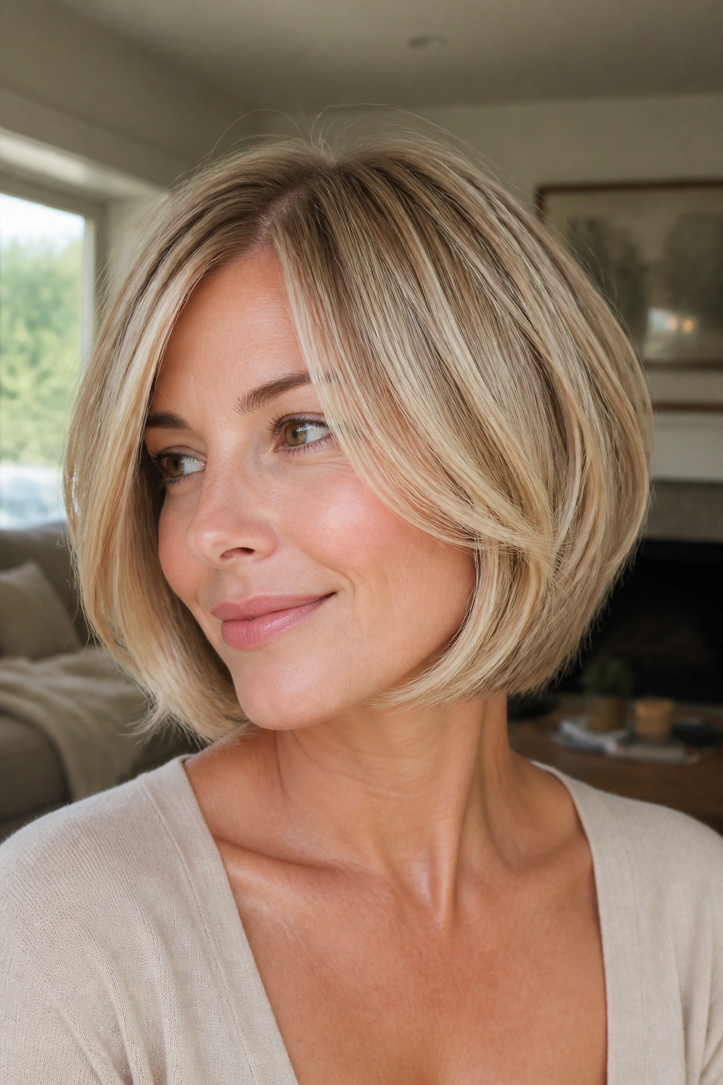 Real woman with layered bob with babylights showing subtle movement