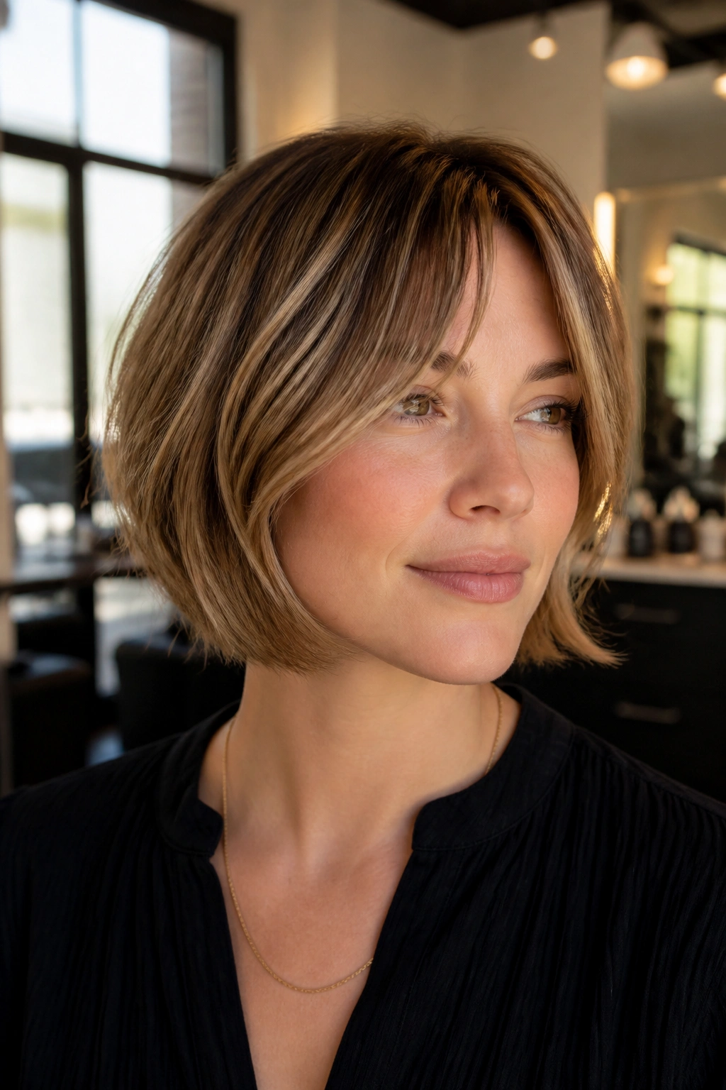 Portrait of real person with layered bob and bottleneck bangs in a salon window light