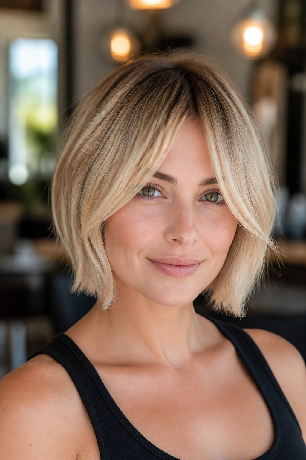 Close-up of a real woman with bottleneck bangs and layered bob framing her cheeks