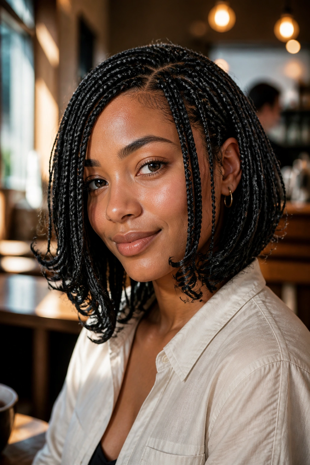 Close-up of a real woman with layered bob braids and curled ends in a cafe setting