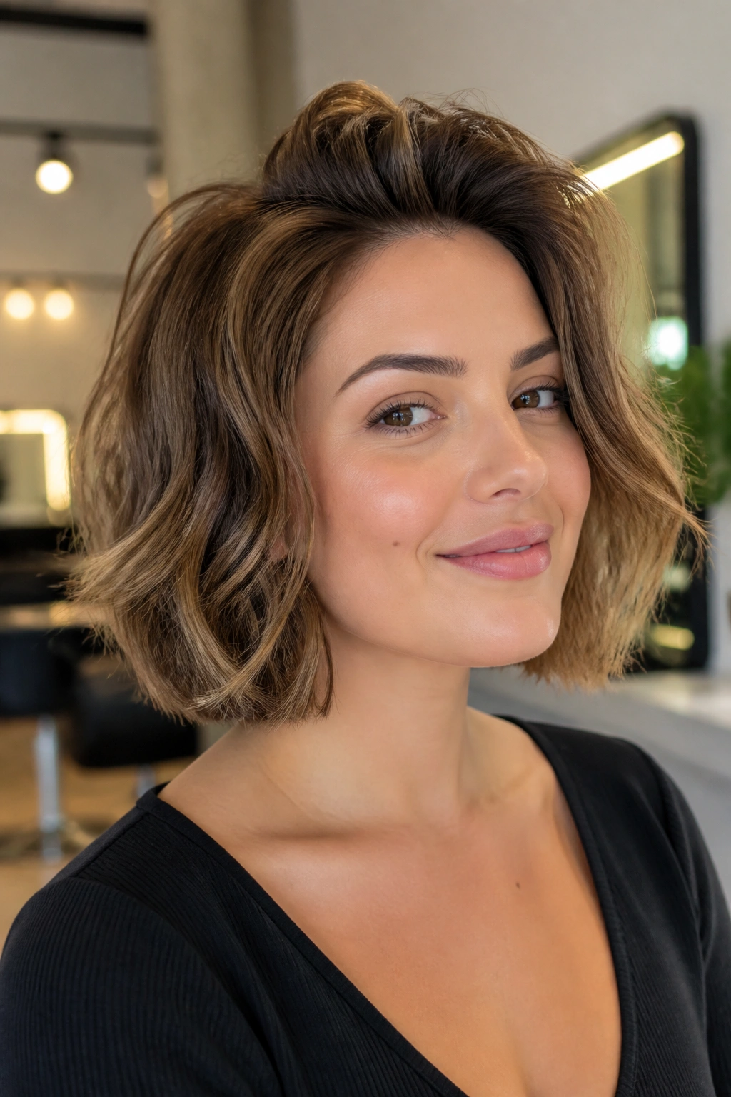 Close-up of layered bob with crown lift on a real person
