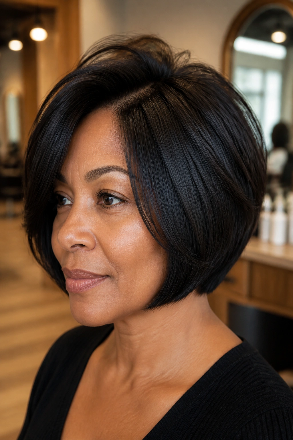 Close-up portrait of a real woman with a layered bob featuring crown lift for added volume.