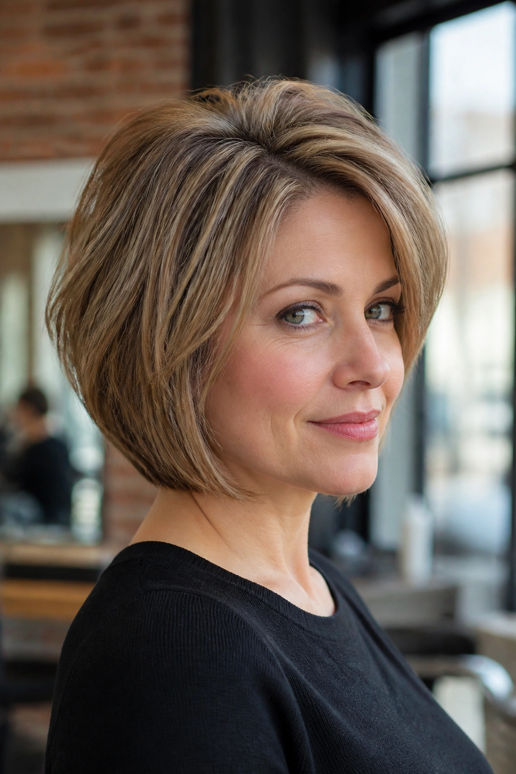 Close-up of a real woman with layered bob and crown volume in a salon setting.