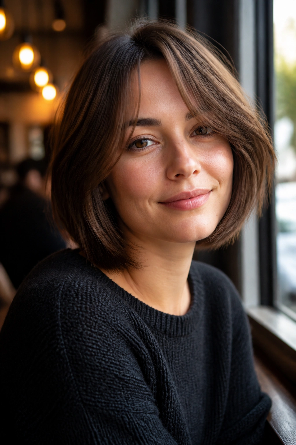 Real person with layered bob and curtain bangs in natural cafe light