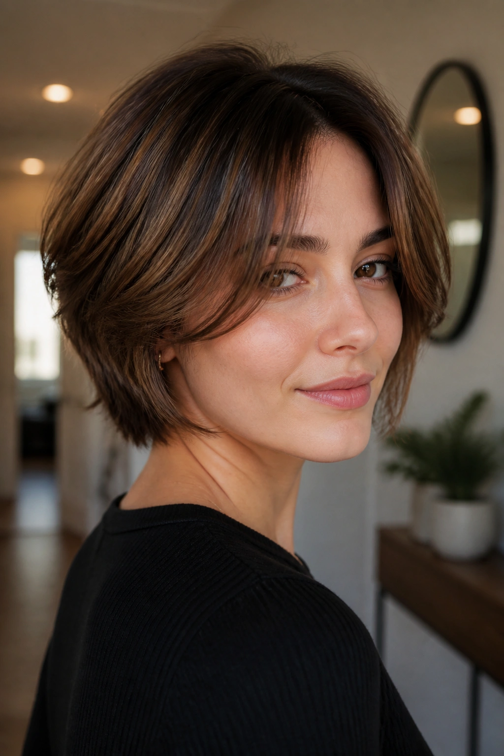 Portrait of a real person with layered bob and curtain bangs in warm hallway light.