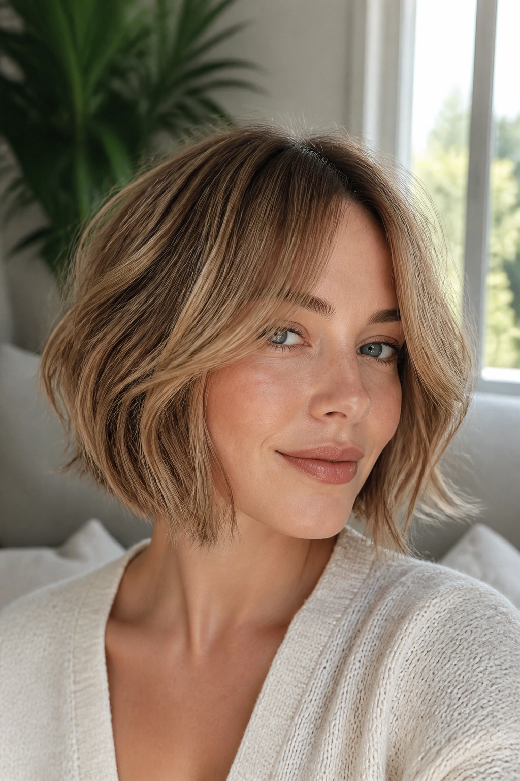 Close-up portrait of a real woman with layered bob and curtain bangs