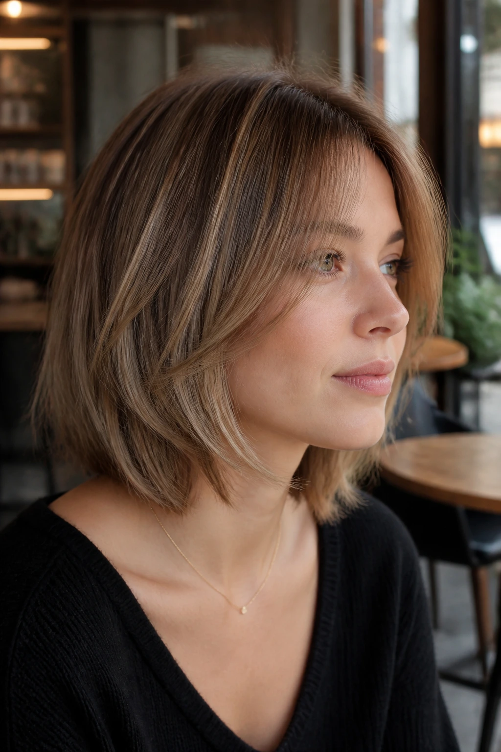 Portrait of a real woman with layered bob and face-framing curtain pieces