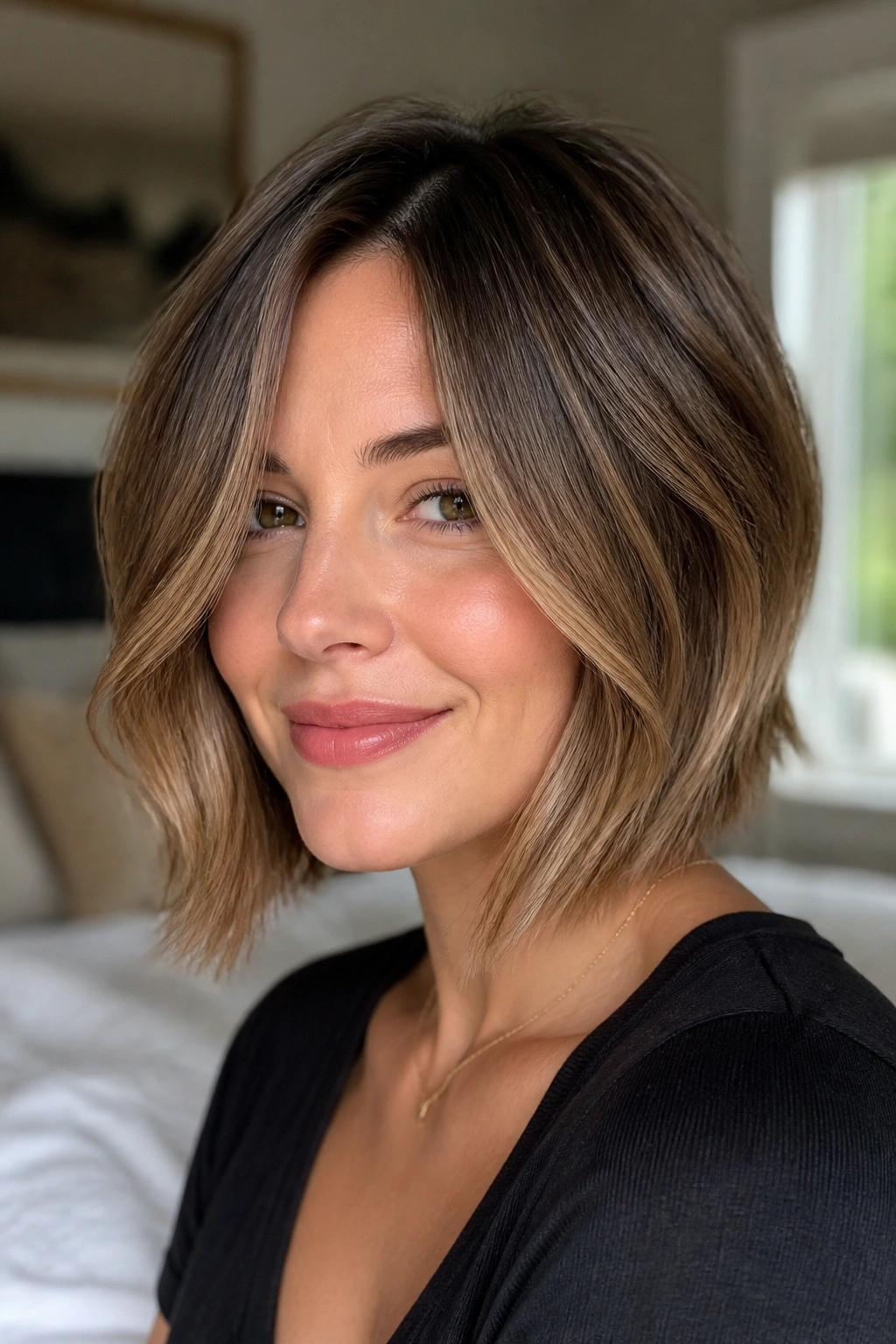 Close-up of real woman with layered bob and face-framing pieces under the cheekbone, window light