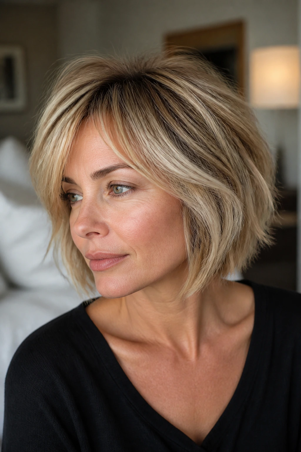 Real woman with layered bob and feathered crown under soft natural light.