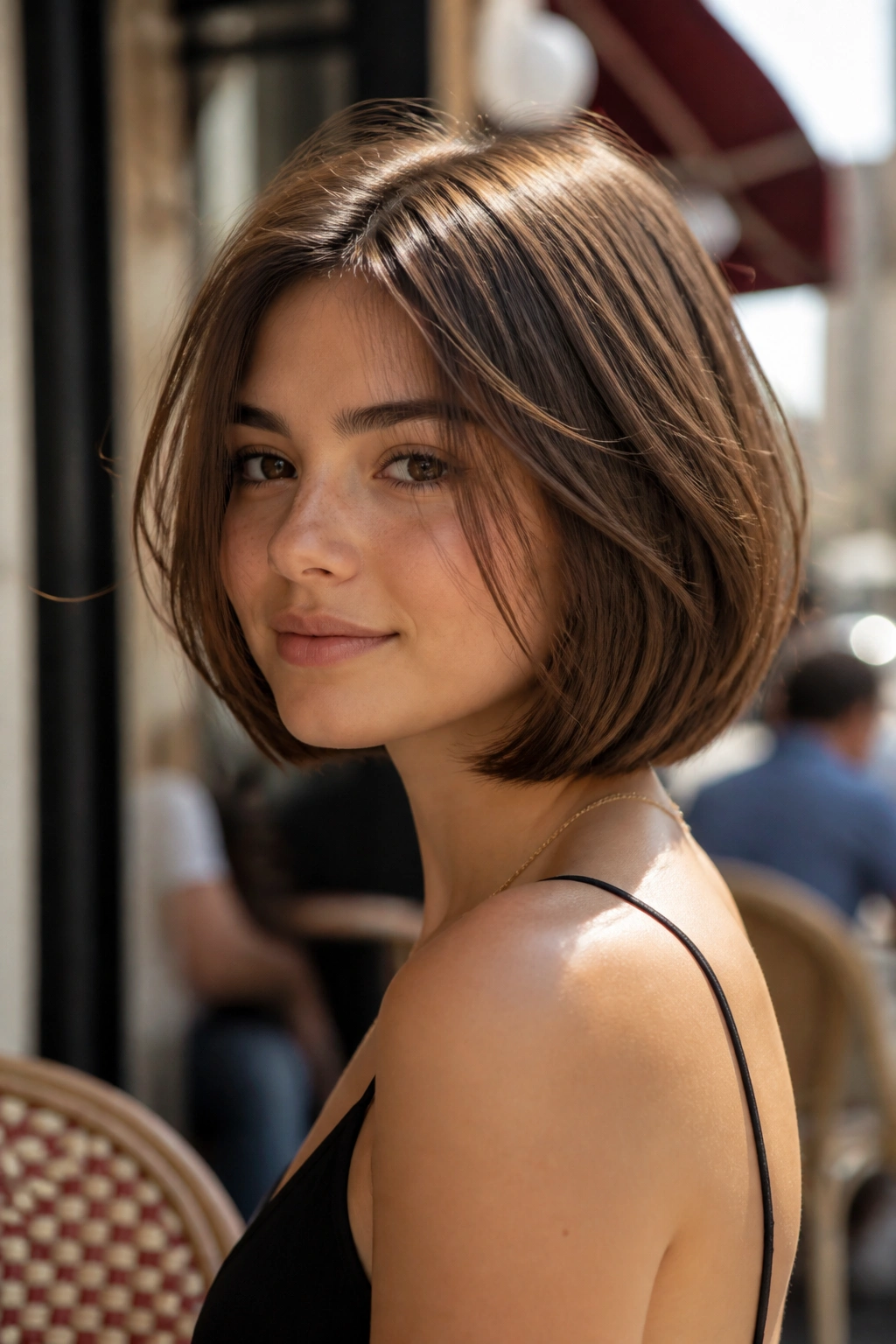 Close-up of a girl with a layered bob giving lift at the crown, outdoors in bright light.