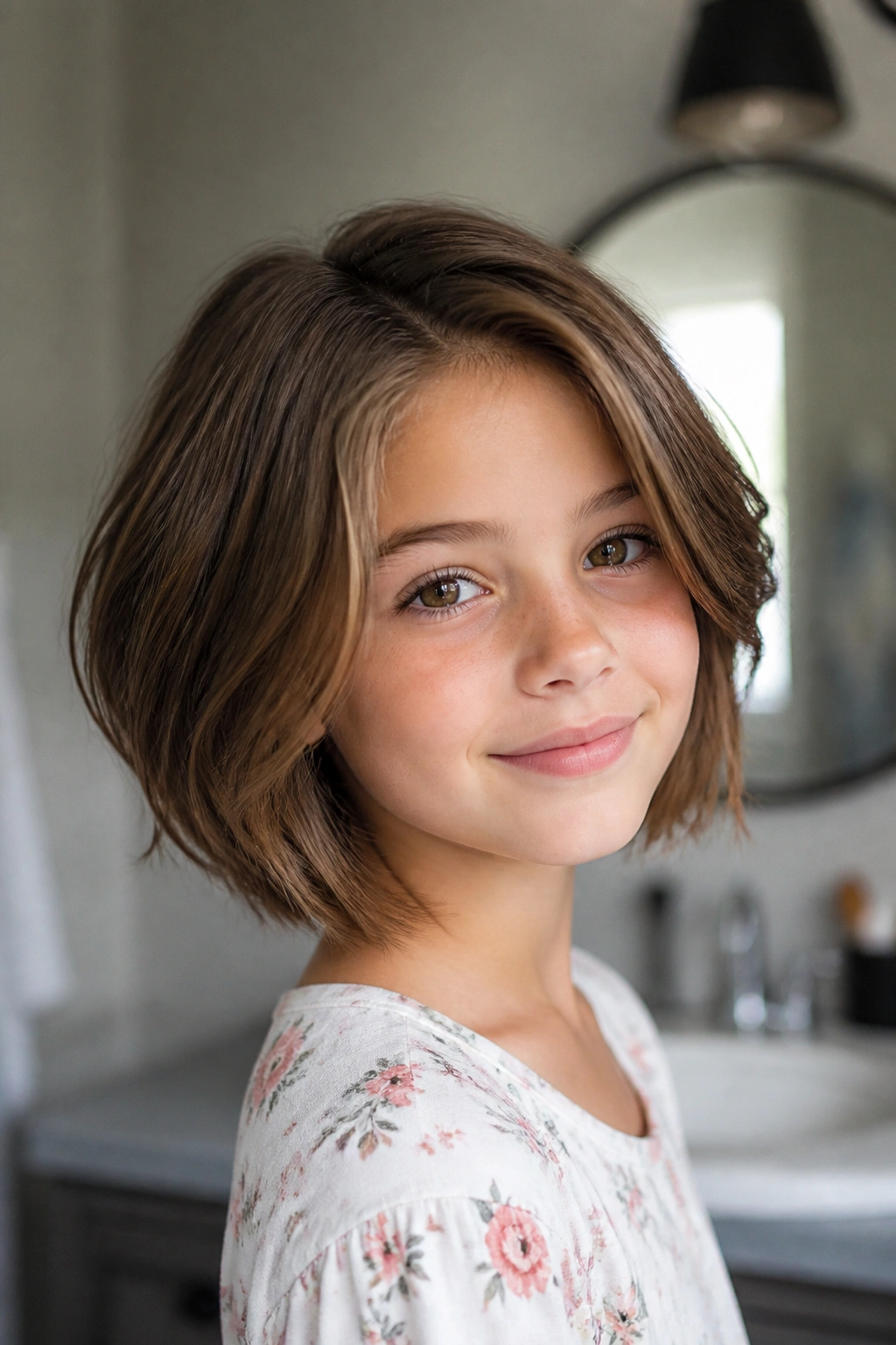 Close-up of a girl with a layered bob showing crown lift
