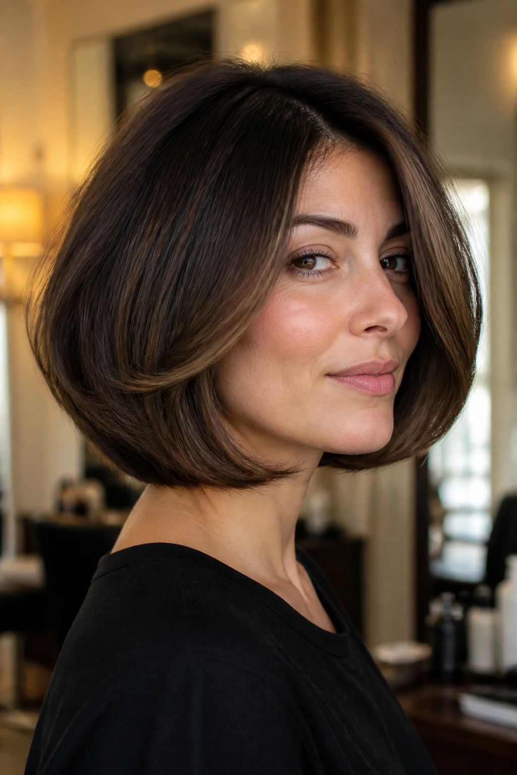 Portrait of a real woman with a layered bob showing hidden layers and lifted ends in warm studio lighting.