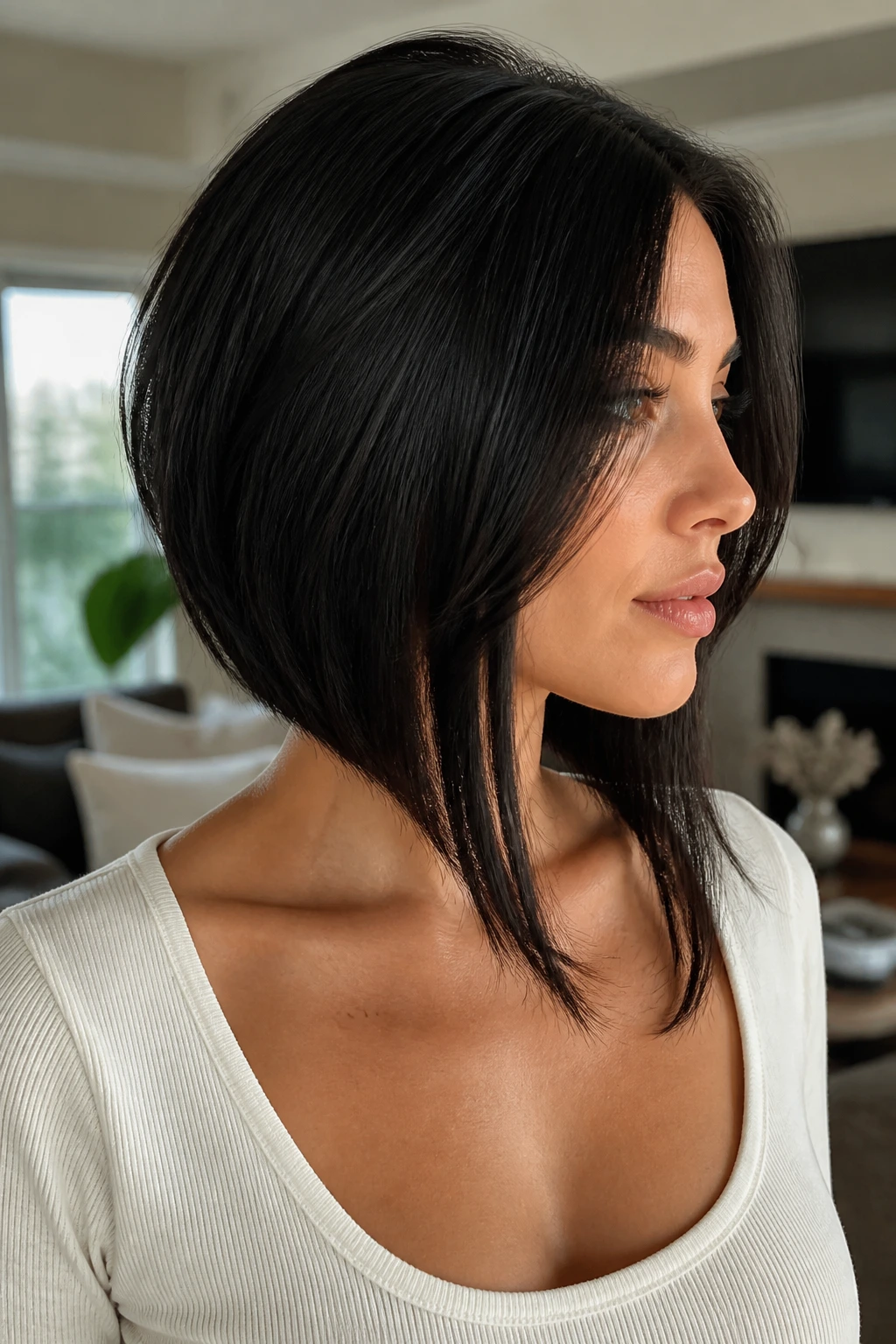Portrait of woman with layered bob and long front pieces