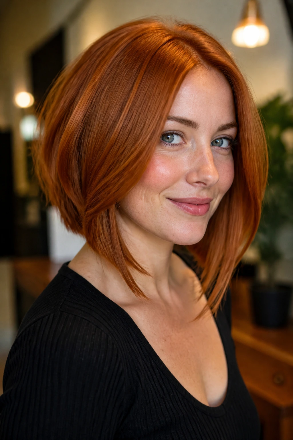 Close-up of a real woman with layered red bob and longer front pieces