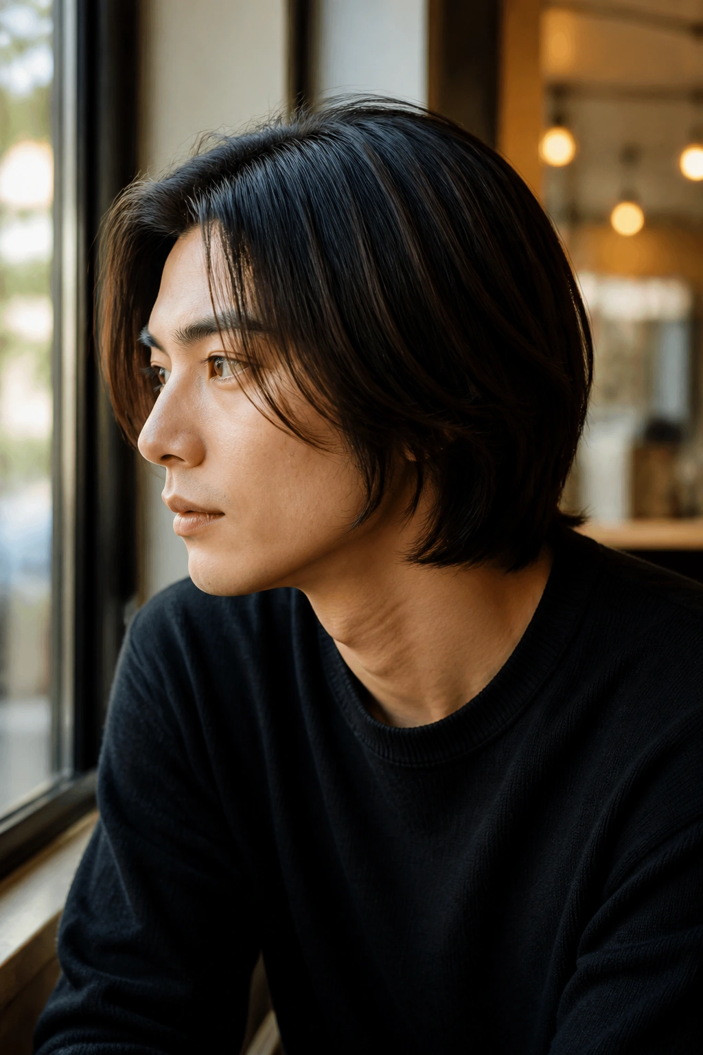 Medium-close portrait of a man with layered bob showing long soft layers and visible outer edge.