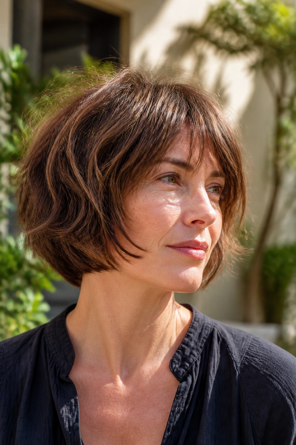 Close-up of a real person with layered bob shag
