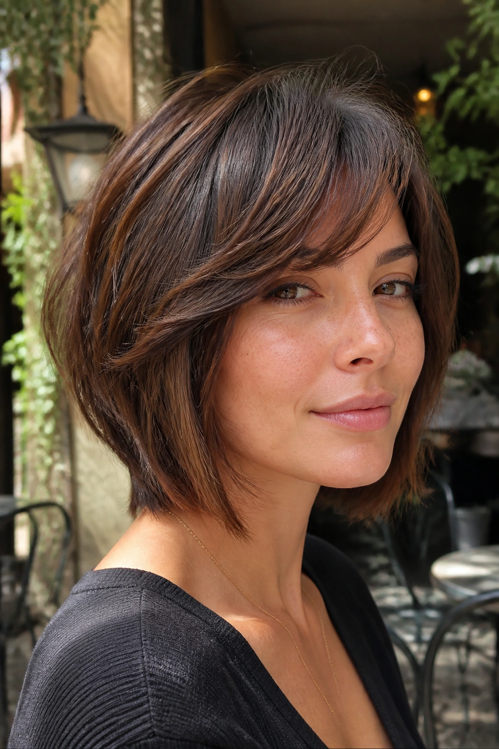 Close-up of a real woman with layered bob and side-swept bangs in a sunlit outdoor cafe.