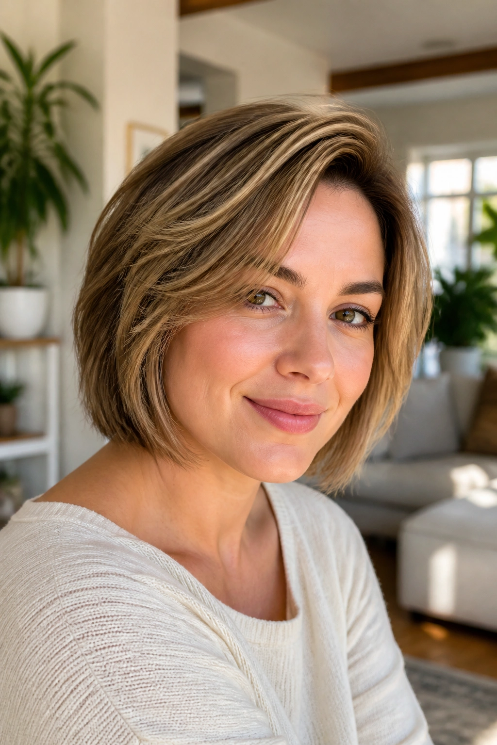 Real woman with layered bob and side part in a sunlit living room