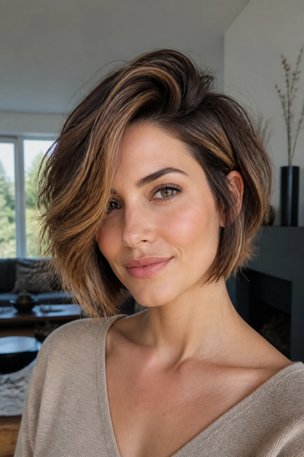 Portrait of a real woman with layered bob and deep side-part