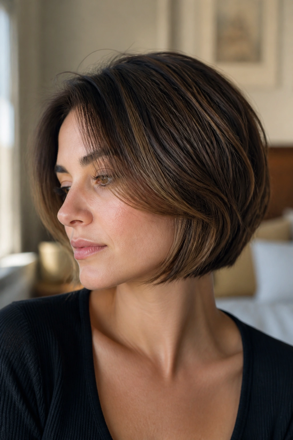 Close-up of a real woman wearing a classic layered bob for thick hair in warm window light.