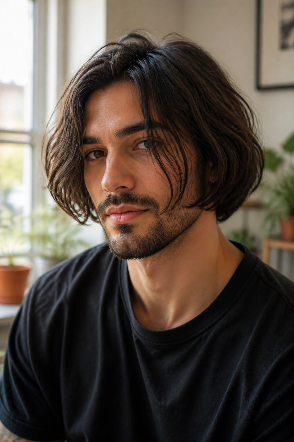 Close-up of a man with a layered bob in a bright living space